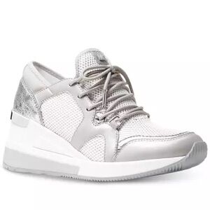 MICHAEL KORS Scout Sneakers Leather Wedge Heel Lace Up Silver Metallic 8M